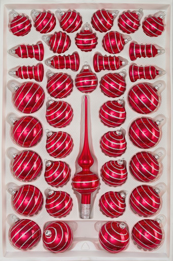 39 tlg. Glas-Weihnachtskugeln Set in Hochglanz Rot Candy Silberne-Spiralen