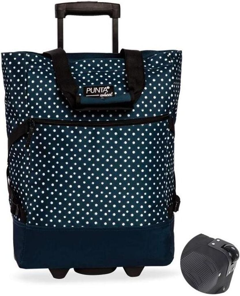 A polka dot rolling shopping bag on a white background.