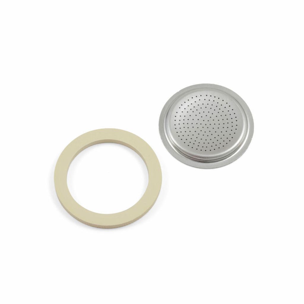 A metal filter and a rubber gasket for an espresso maker are shown on a white background.