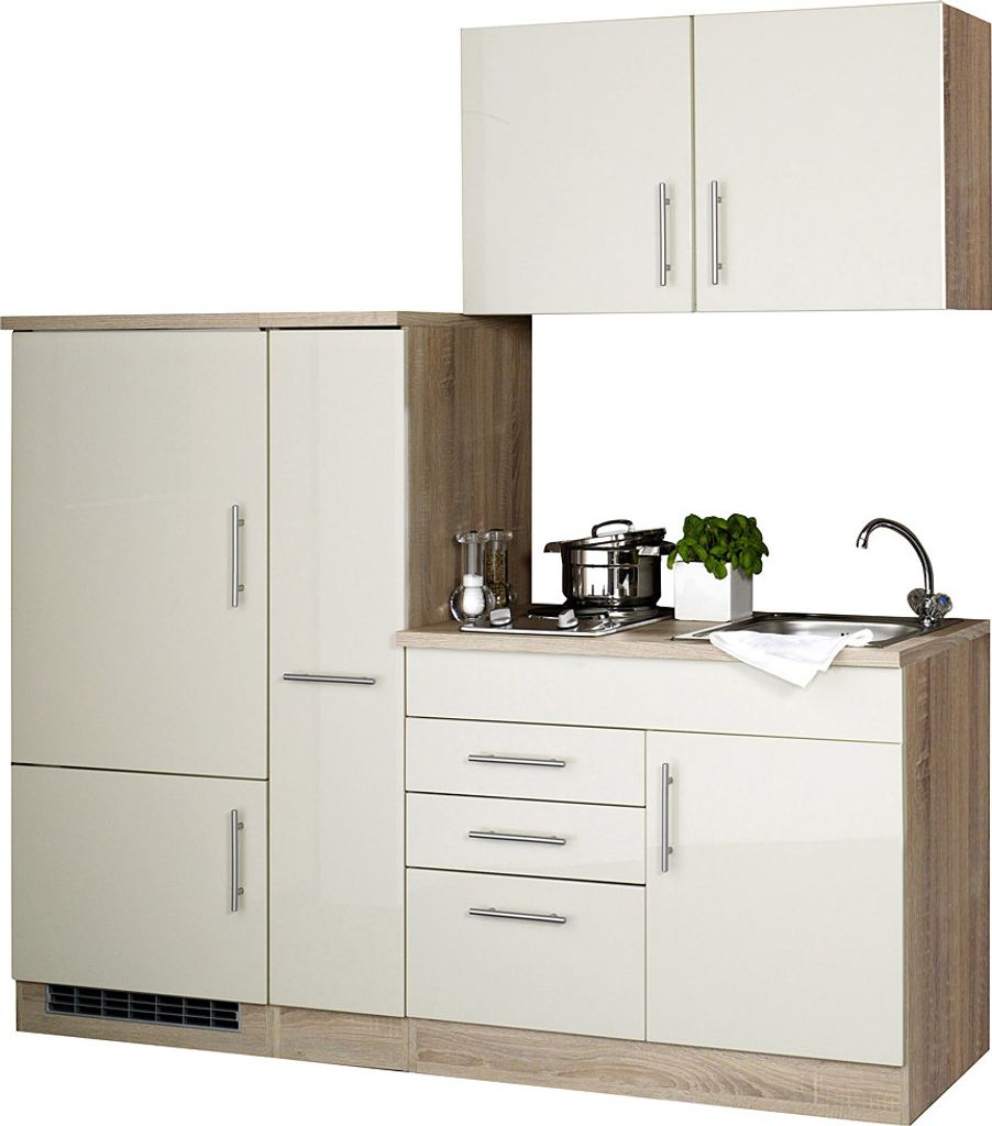 Single-Küchenzeile mit Kühlschrank, Hochglanz Creme TERAMO-03 B x H x T ca. 190 x 200 x 60cm