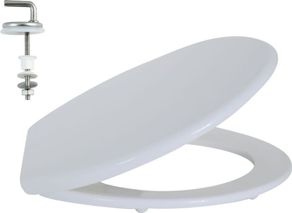A white toilet seat and its mounting hardware are shown against a white background.