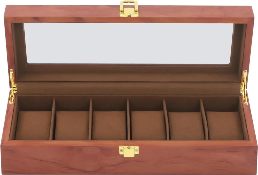 Coffret de rangement pour montres avec vitre transparente 6 slots marron