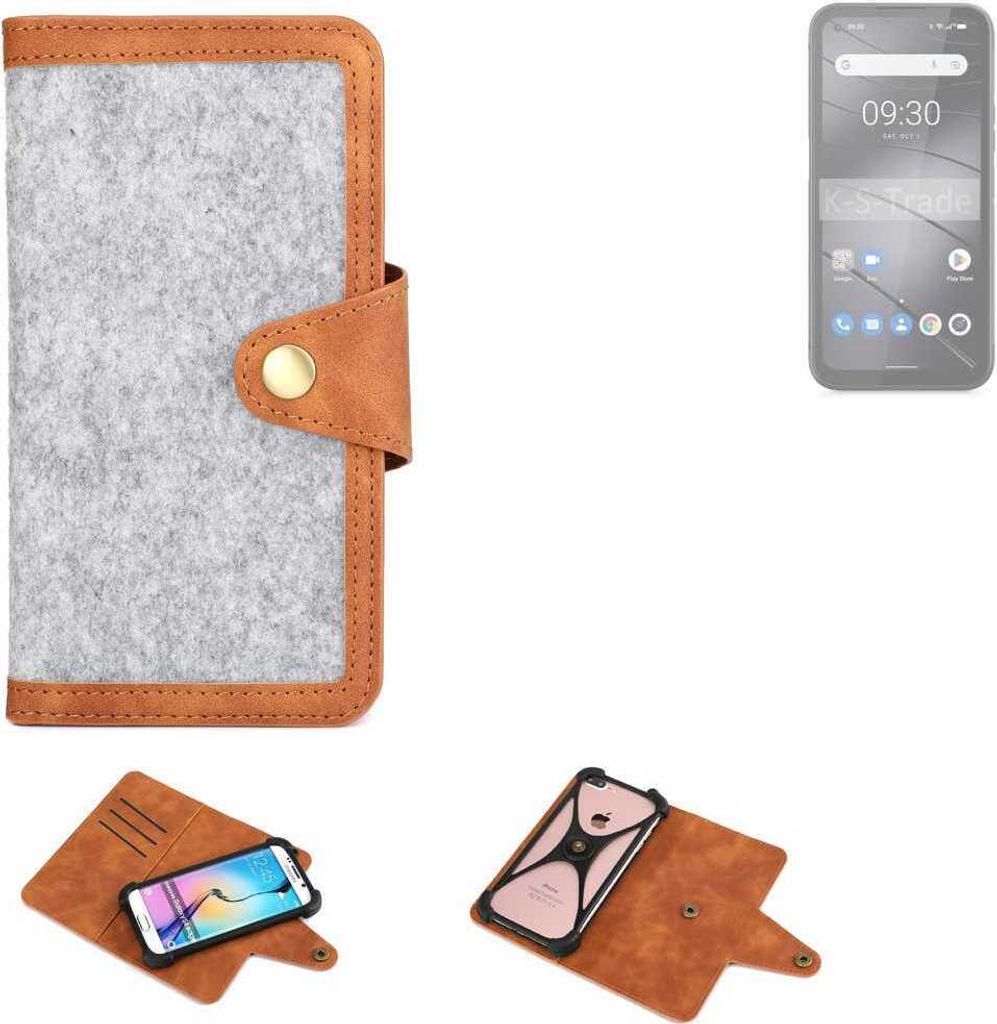 K-S-Trade Handyhülle kompatibel mit Gigaset GX6 Pro Schutzhülle Filz-Hülle Kunst-Leder hellgrau braun (1x)