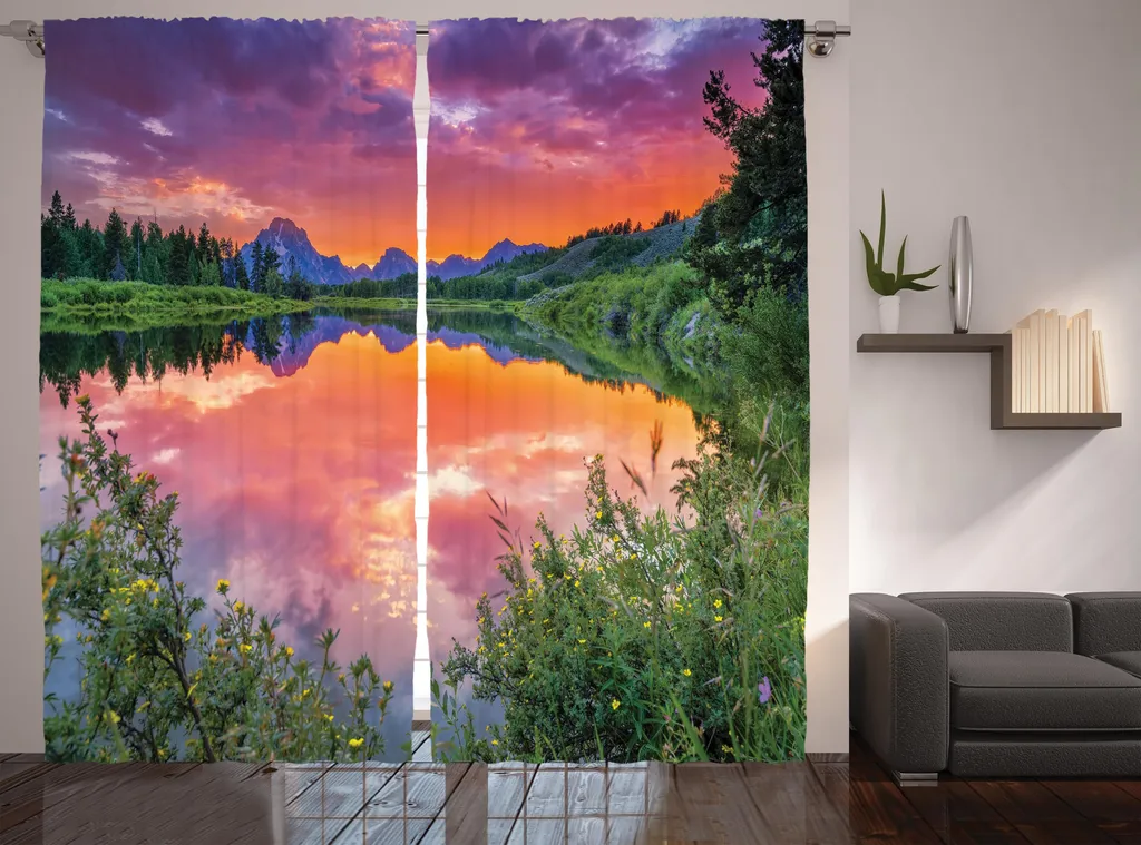 ABAKUHAUS Rideau Rustique Naturel Coucher de Soleil Rivière 280x225 cm