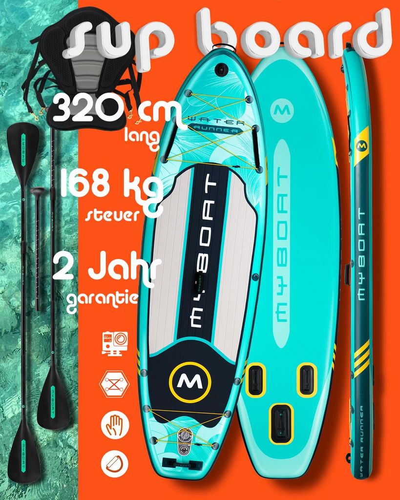 Komplettset Kajak Touring SUP Board Set mit 7cm hohem stabilem Sitz, zweite 4-teiligem Paddel, MyBoat Water Runner 2 Personen Paddling Kayak Kanu Boot