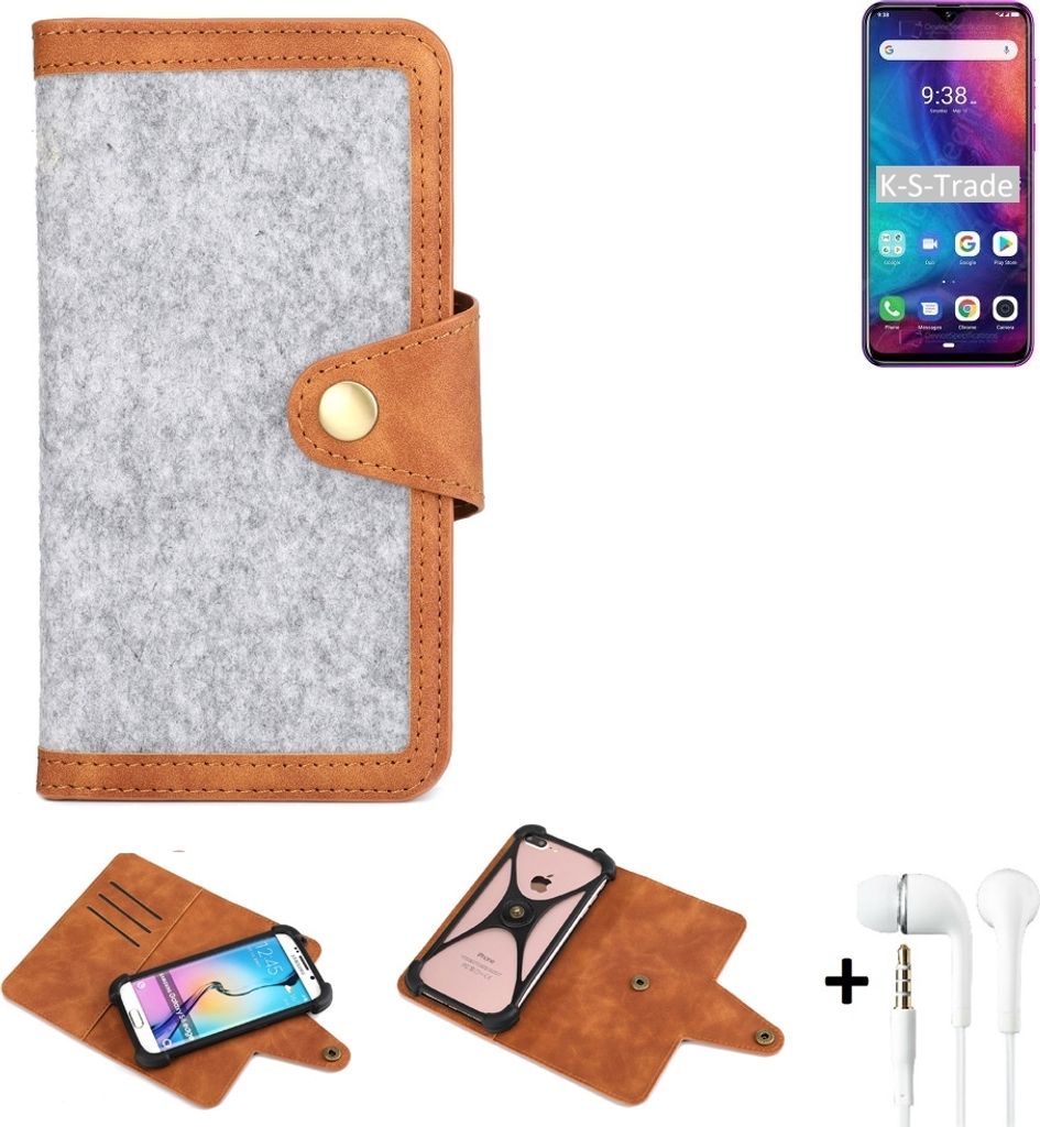 K-S-Trade Handyhülle + Kopfhörer kompatibel mit Ulefone Note 7P Schutzhülle Filz Hülle Kunstleder hellgrau braun (1x)