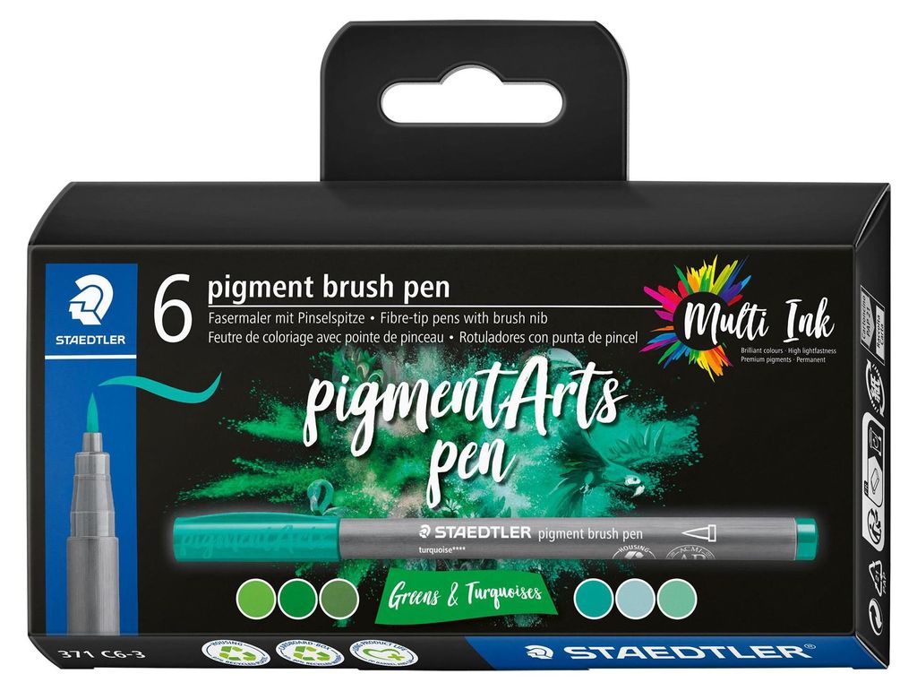 STAEDTLER Fasermaler pigment brush pen "Greens & Turquoises" 6 Stück im Kartonetui
