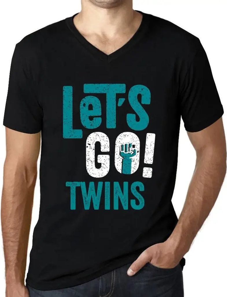 Herren Grafik T-Shirt V-Ausschnitt Auf geht's Zwillinge – Let's Go Twins – Öko-Verantwortlich Vintage Jahrgang Kurzarm Lustige Druck Geburtstag