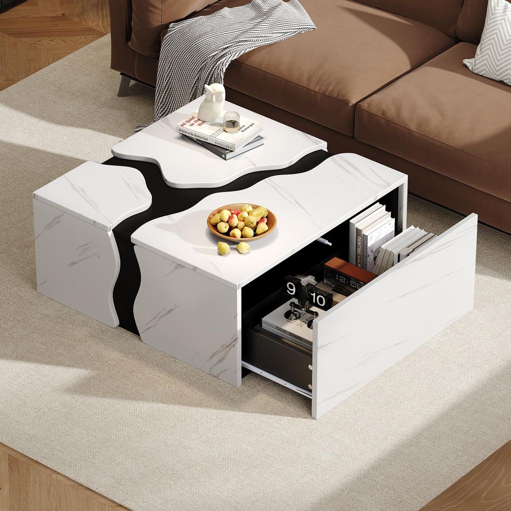 MODFU Couchtisch Weiß Wohnzimmertisch mit Marmorstruktur-Design,Beistelltisch Sofatisch mit Wellenlinien,Kaffeetisch mit versteckte Schublade,70 x...