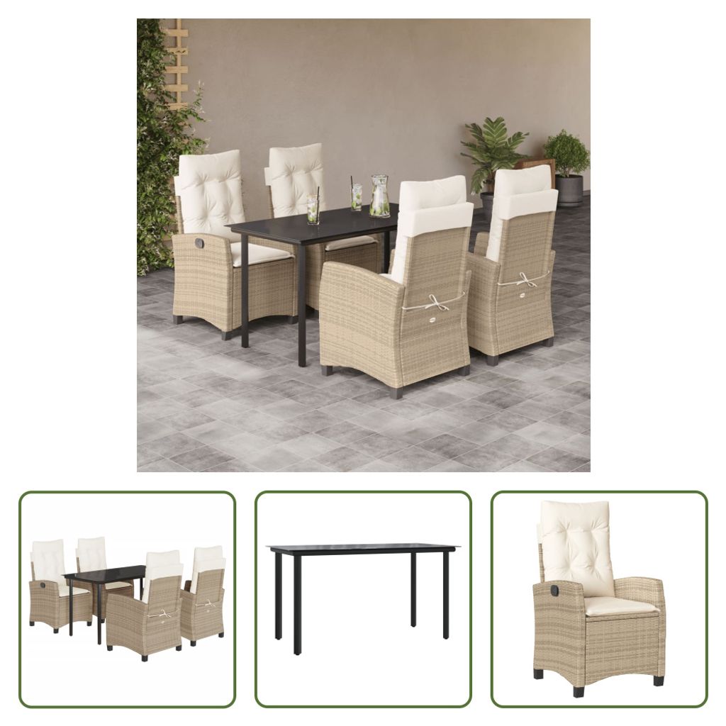 The Living Store 5-tlg. Garten-Essgruppe mit Kissen Beige Poly Rattan