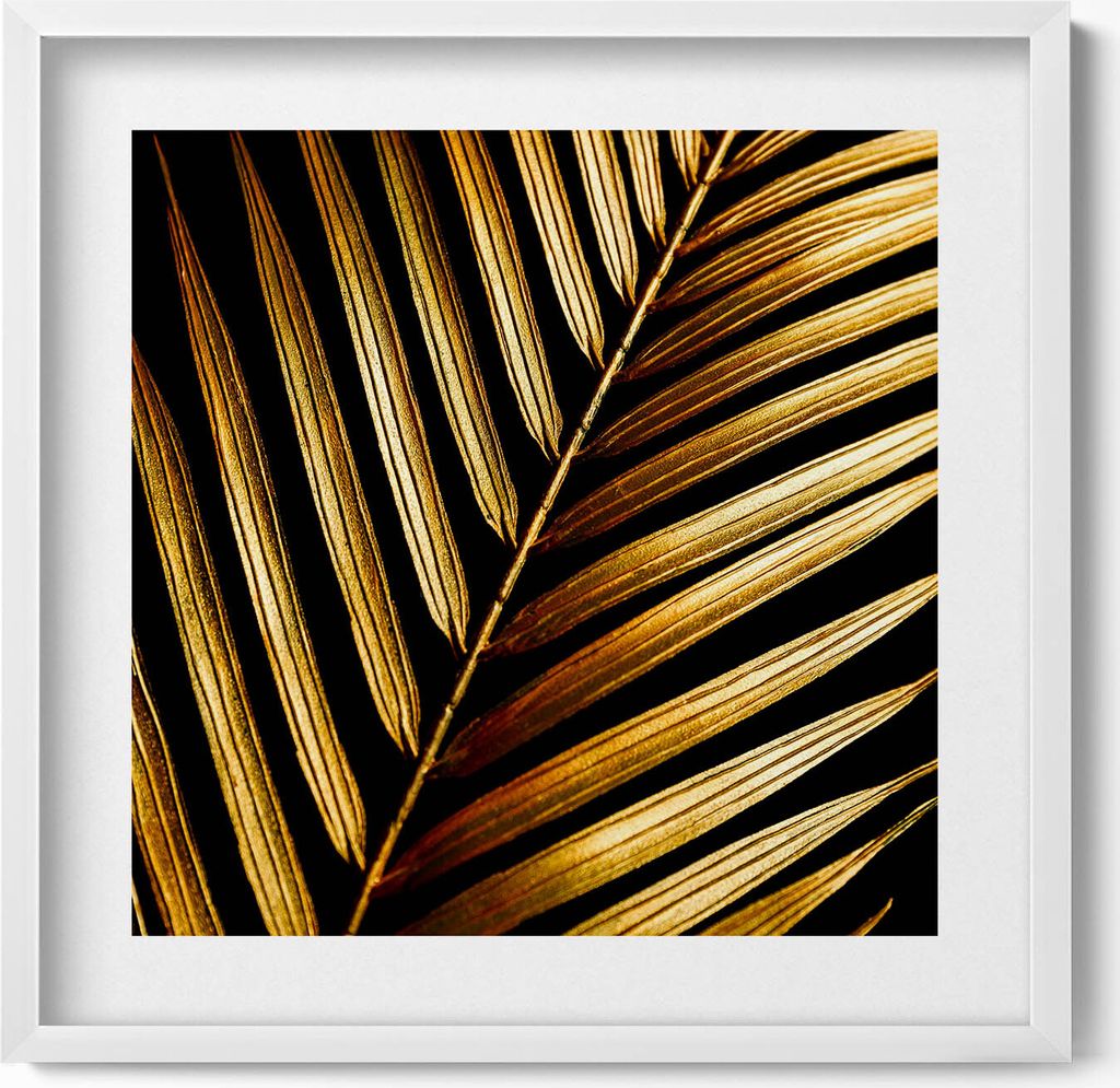 Blatt in Glamour-Gold– Wandbild mit Rahmen – Gerahmtes Bild – Wanddekoration – 50x50 cm – Weiß Rahmen