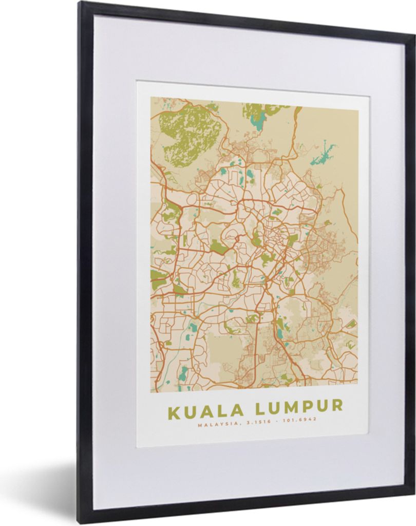 MuchoWow Gerahmtes Poster Karte - Kuala Lumpur - Stadtplan - Vintage 30x40 cm - Poster mit Schwarzem Bilderrahmen Wandposter Rahmen Foto Bilder -...