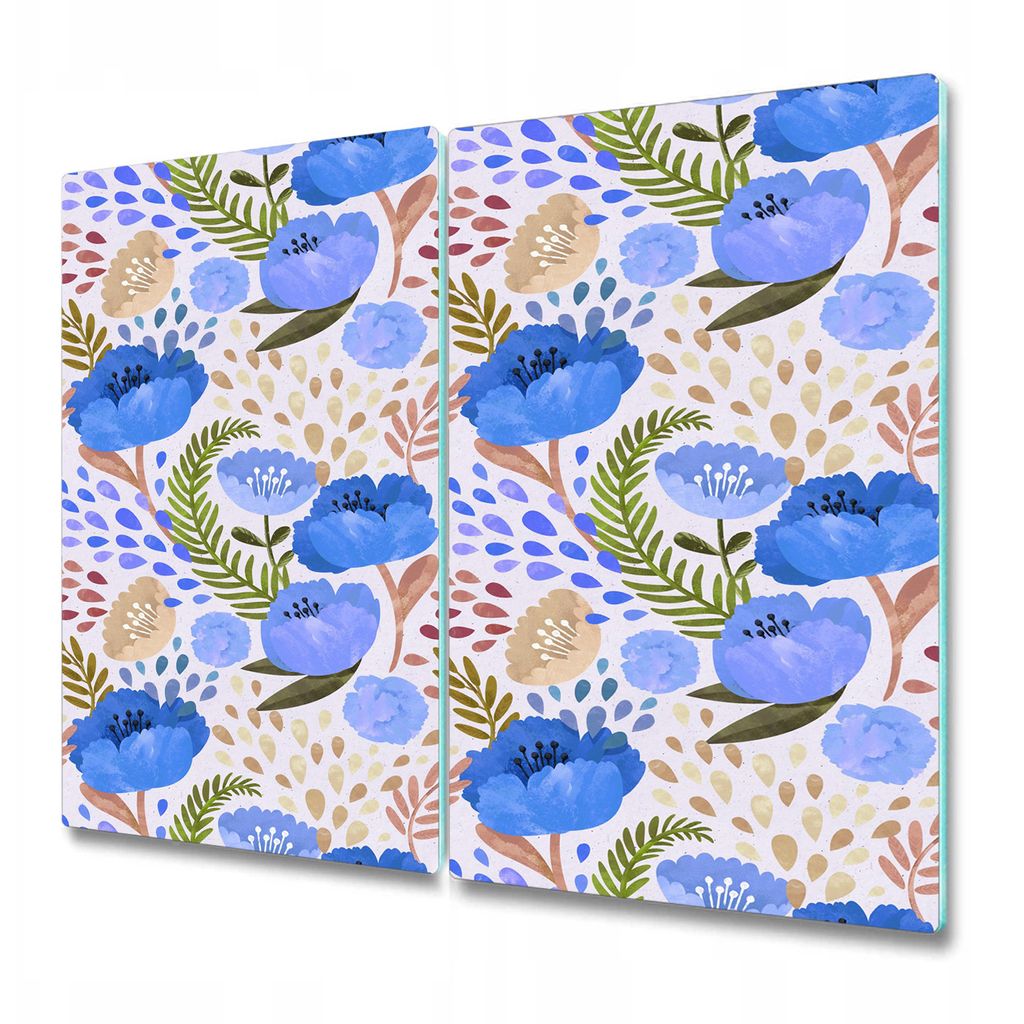 Küchenschneidebrett - Schneidebrett Glas - Herdabdeckung - 2x 30x52 cm - Blaue Vintage-Mohnblumen