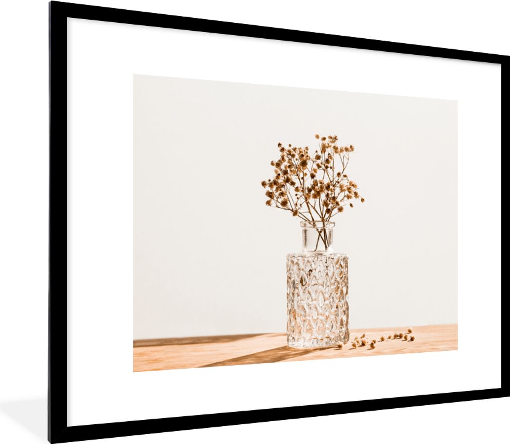MuchoWow MuchoWow Gerahmtes Poster Stilleben - Getrocknete Blumen - Topf 80x60 cm - Poster mit zchwarzem Bilderrahmen - Schlafzimmer-Dekoration...