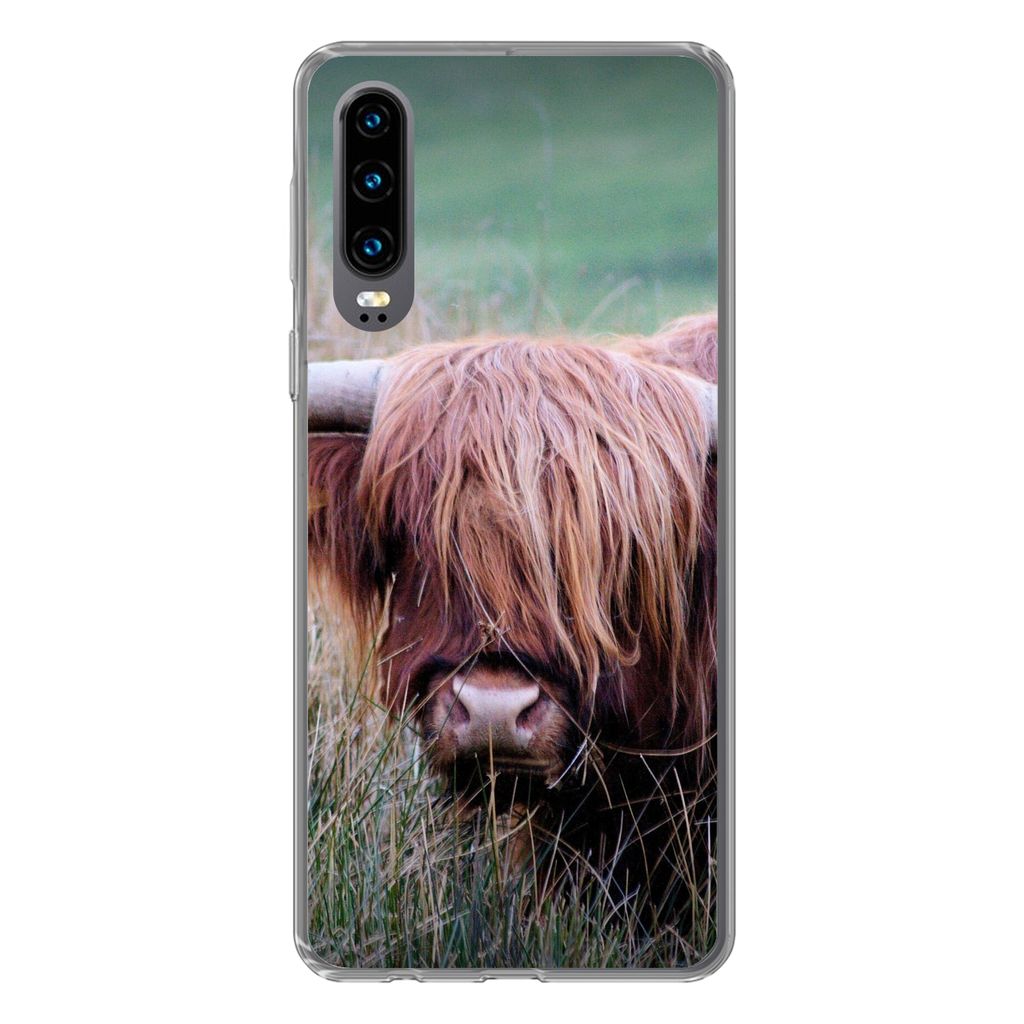 MuchoWow Handyhülle Schutzhülle Hülle für Huawei P30 Schottischer Highlander - Hörner - Gras Silikon Softcase Handy Hülle - Kartenbesitzer