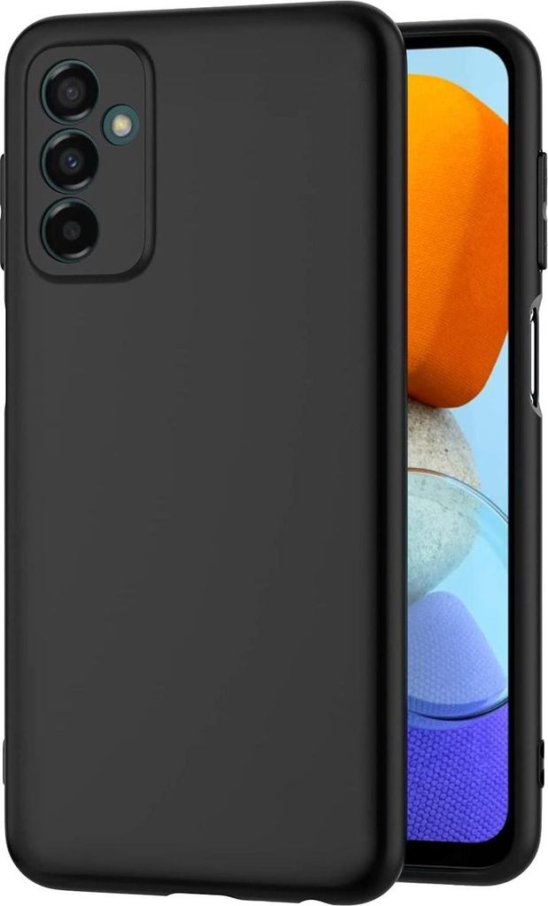 A black phone case is shown with a smartphone screen visible behind it.