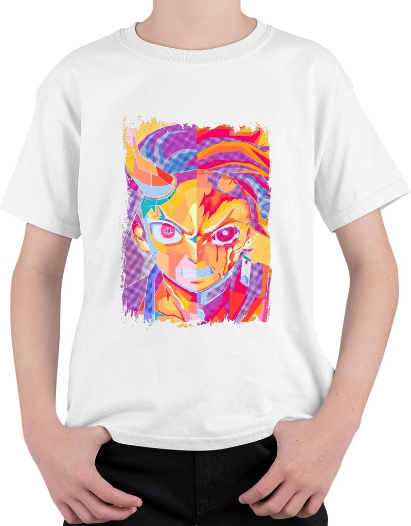 Dämonenjäger Anime Hanafuda Ohr blutiges geteiltes Gesicht Japan Y2K Streetwear Uni Kinder T-Shirt, Weiß, 140