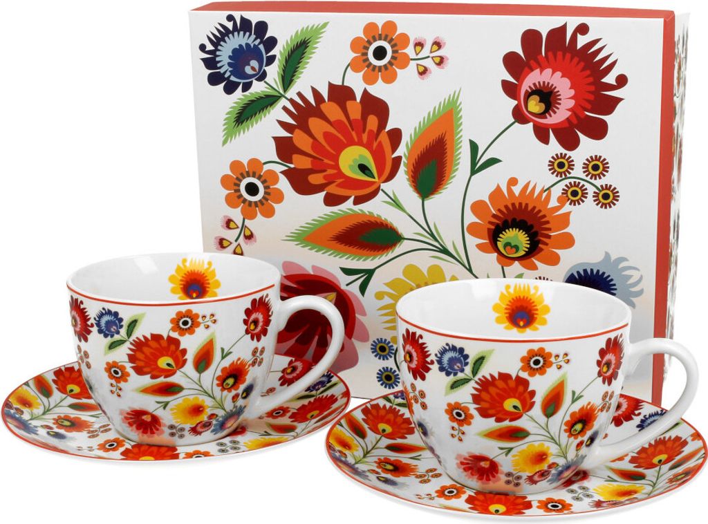 DUO ETNO 2er-Set Tassen 280 ml ŁOWICZ mit Untertassen, New Bone China Porzellan