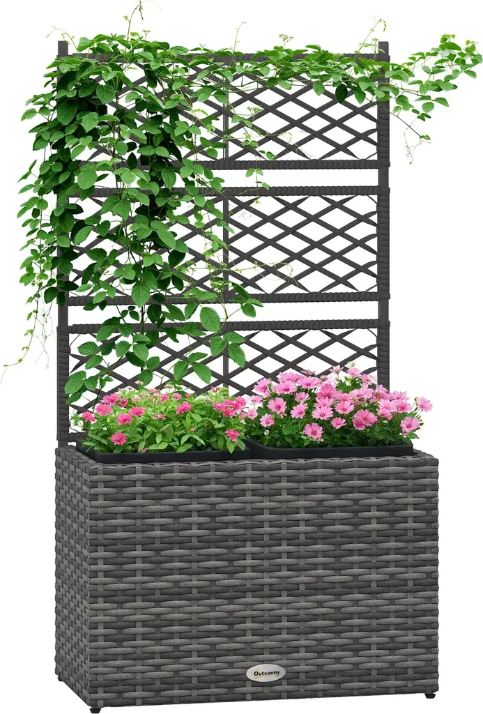 Jardinière Brise-vue avec Treillis 2 Pots 22L Résine Grise Gain de Place