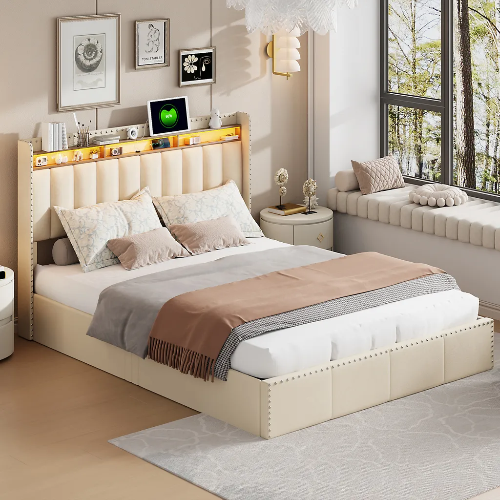 Lit en Velours Beige avec Prises USB et Rangement Sous Sommier 140x200 cm
