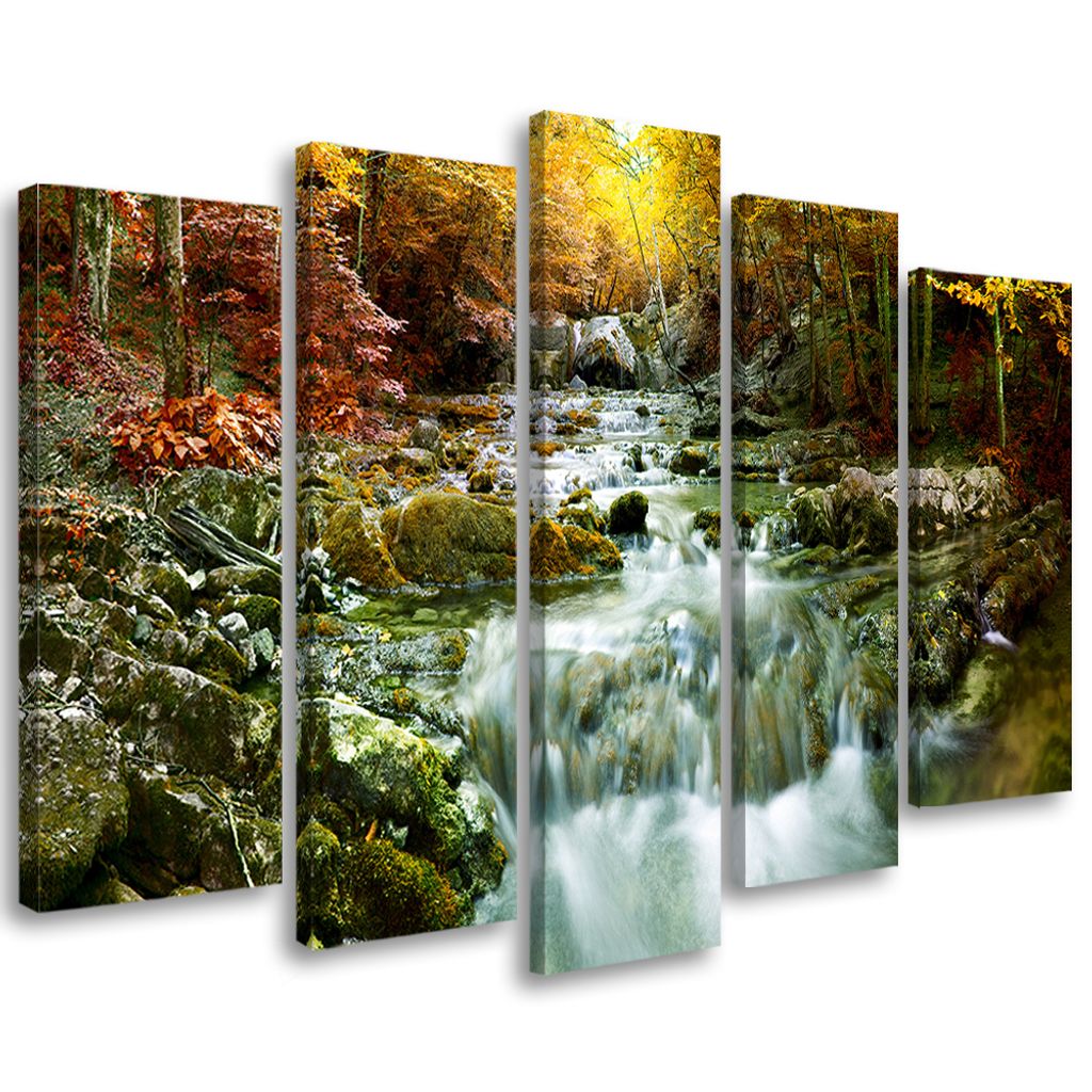 5-teiliges leinwandbild herbstbach wald felsen 100x70 cm Feeby orange wandbild bereit zum aufhängen
