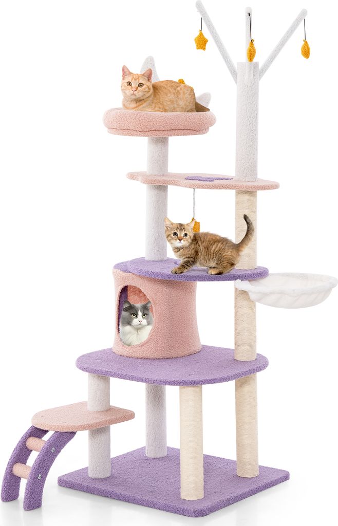 A multi-level cat tree with several platforms, a cat cave, a ladder, and hanging toys, featuring three cats. The cat tree is predominantly purple and pink with white and beige accents.