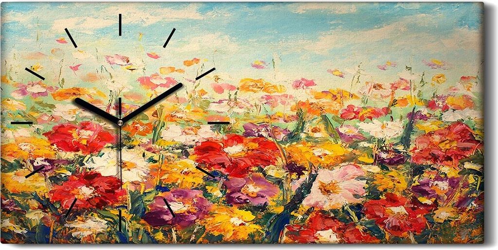 Wandbild Leinwand Bilder mit Uhr 60x30 Wand Kunst Blumen schöne Feldblumen - schwarze Hände