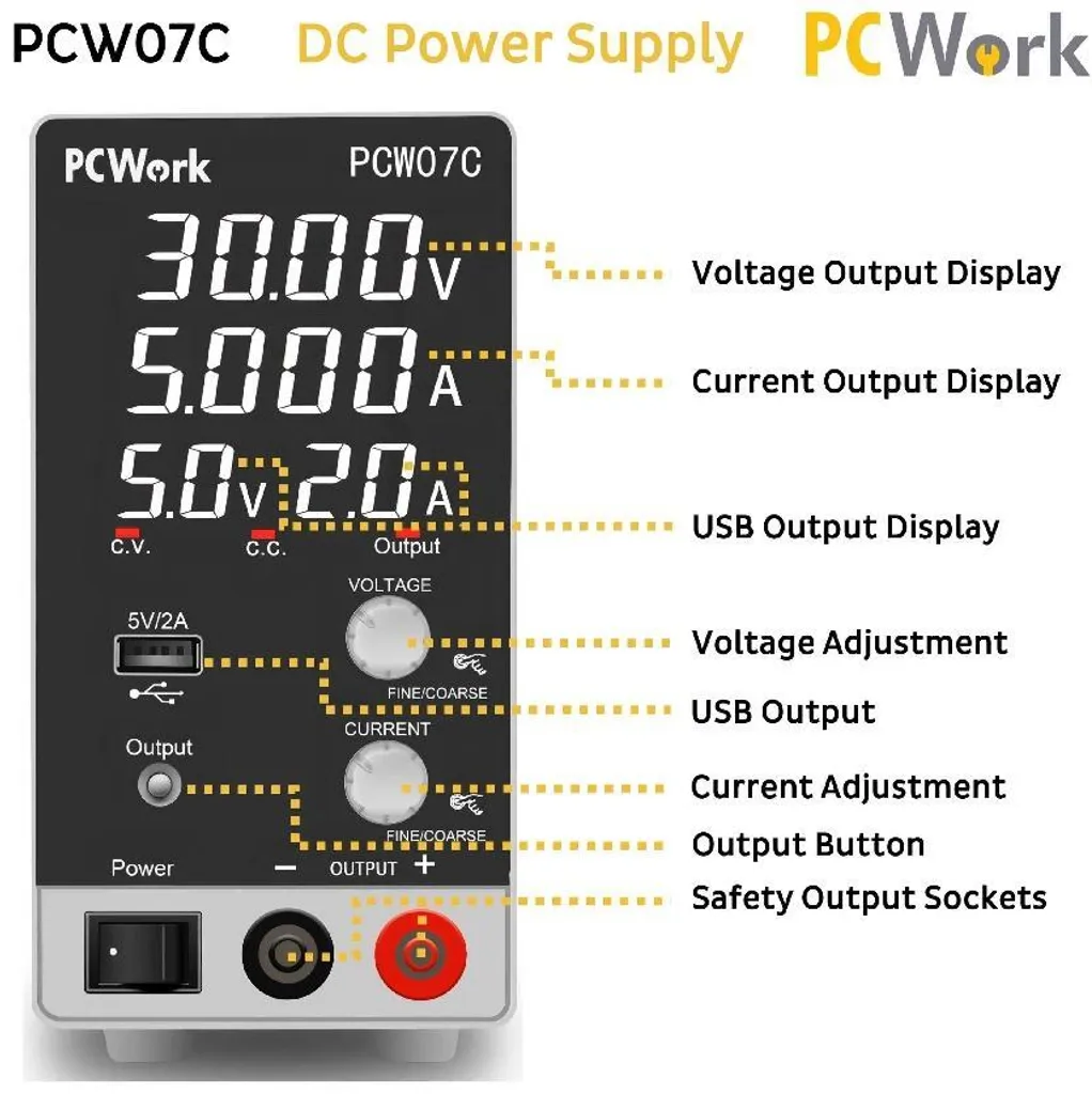 PCWork PCW07C Alimentation de Laboratoire Réglable 0-30V 5A avec USB