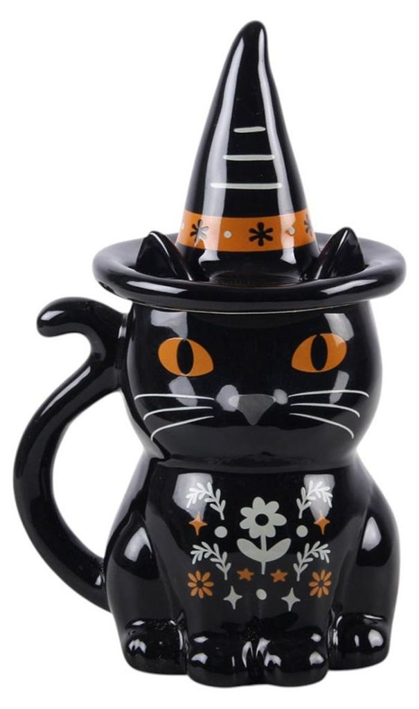 Halloween Tasse Schwarze Katze mit Deckel – Keramik Produktbild 