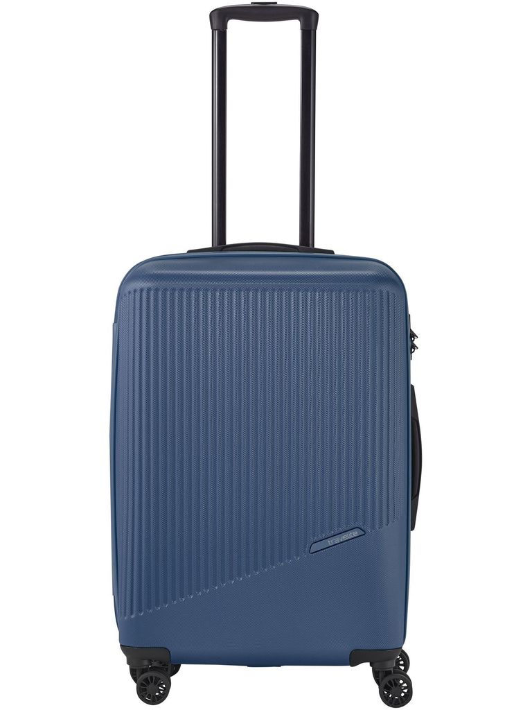 A blue Travelite trolley suitcase with its handle extended, shown from the front against a white background.