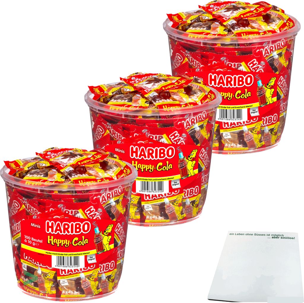 Haribo Happy Cola Gummibärchen Cola-Fläschchen 100 Minibeutel 3er Pack (3x1kg Dose) + usy Block