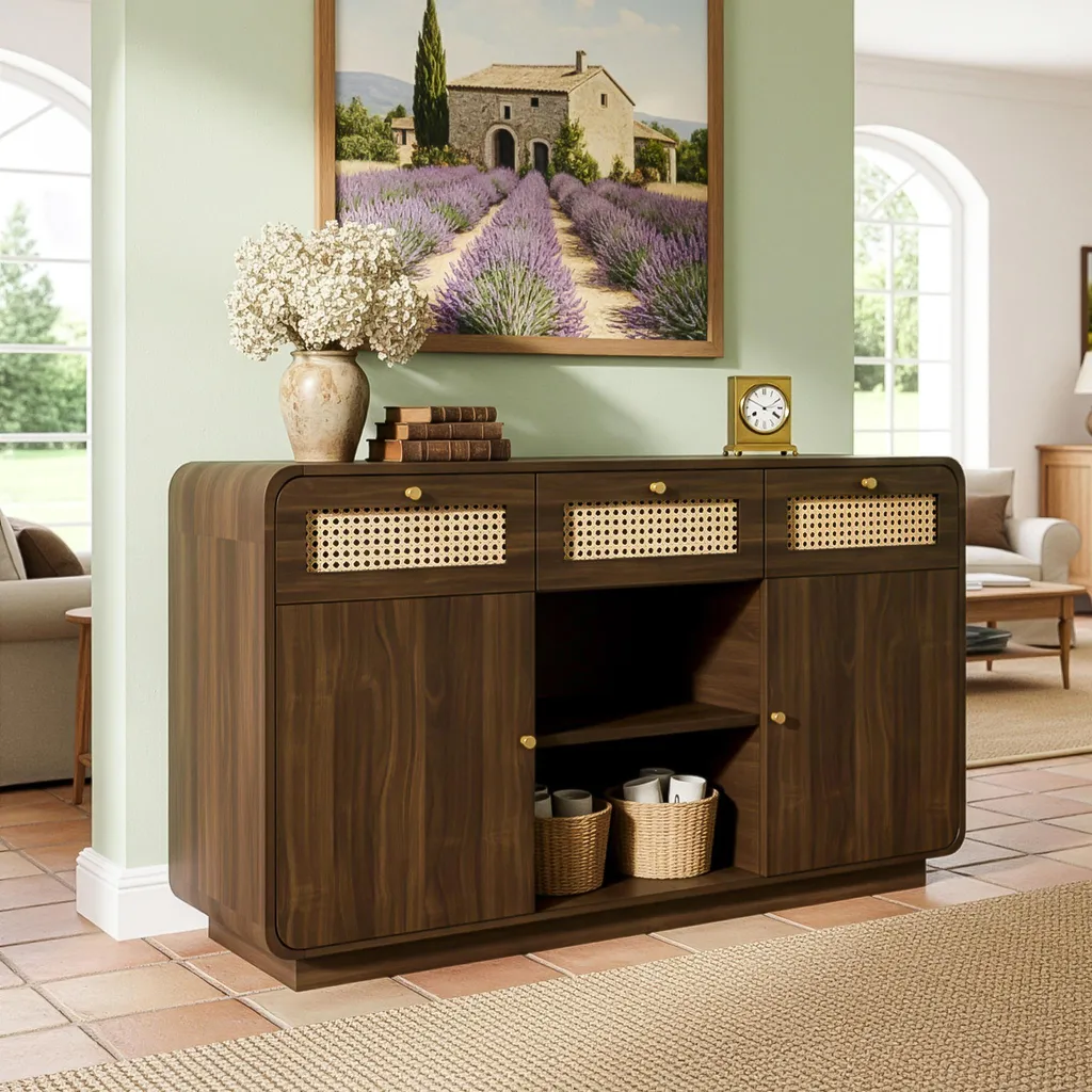 Buffet bas de salon en rotin et bois noyer avec étagères modulables