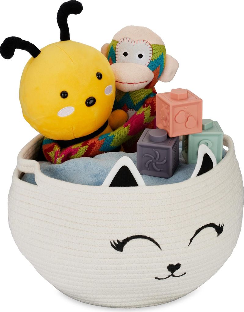 Aufbewahrungskorb für Kinder, Baumwollkorb mit Katzenmotiv, H x T: 24 x 35 cm, Spielzeugkorb fürs Kinderzimmer, weiß/schwarz