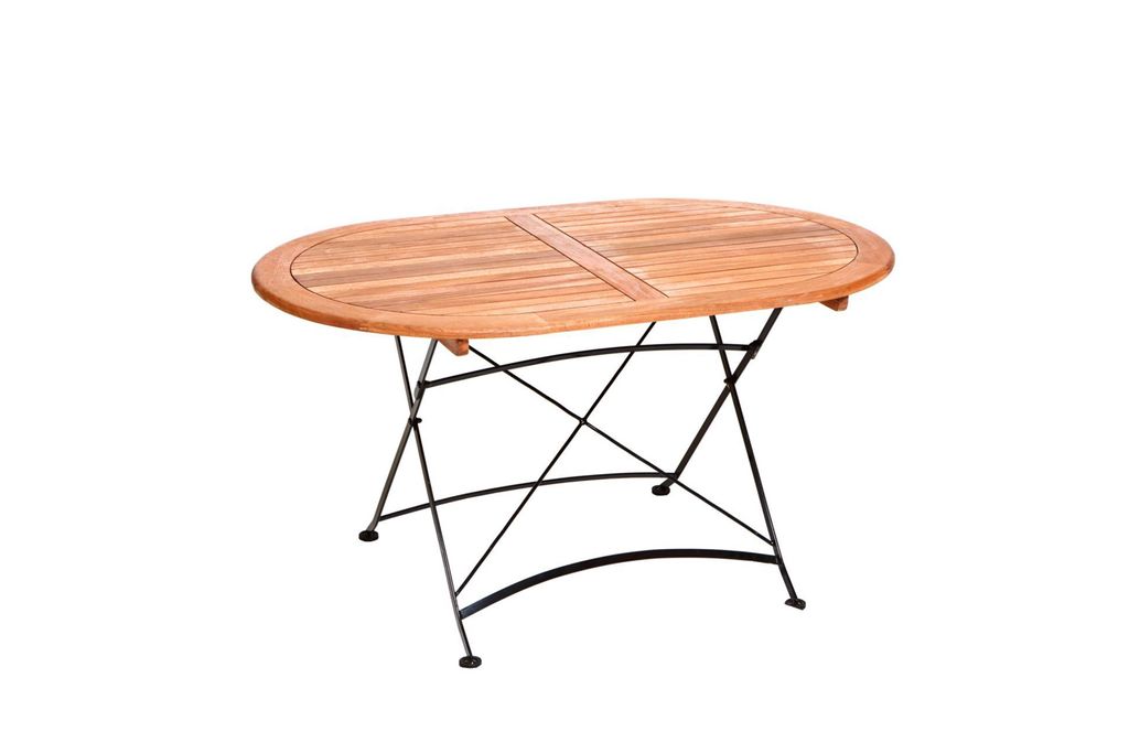 An outdoor table with a wooden top and black metal legs, shown against a white background.