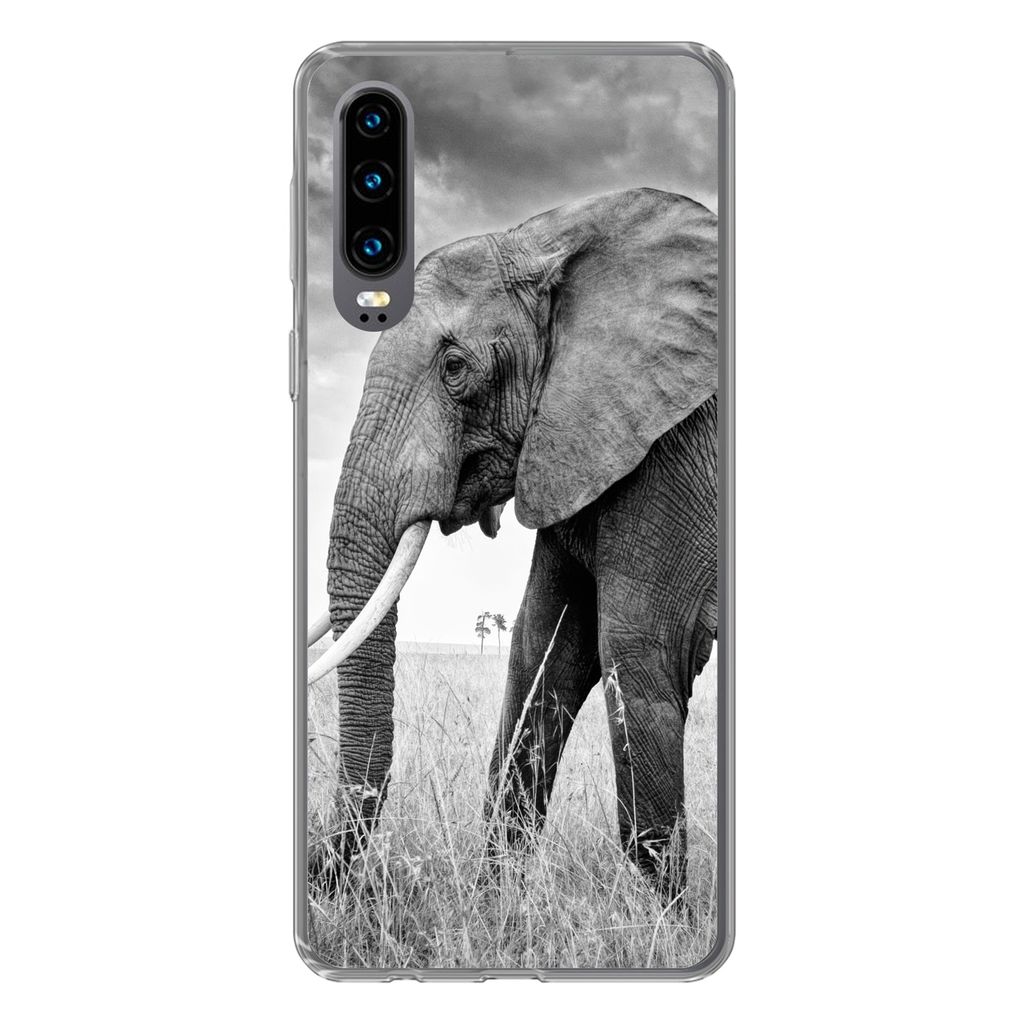 MuchoWow Handyhülle Schutzhülle Hülle für Huawei P30 Elefant - Gras - Tiere - Schwarz und weiß Silikon Softcase Handy Hülle - Kartenbesitzer