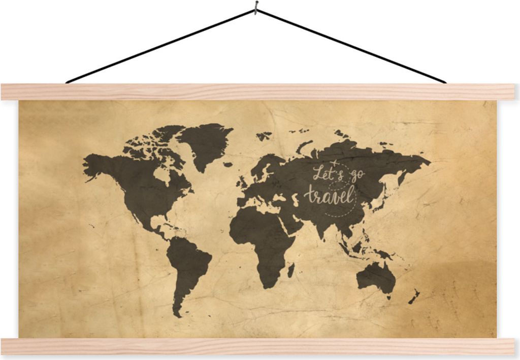 MuchoWow Textilposter Weltkarte - Sprichwörter - Schwarz 120x60 cm mit holzfarbenen Rahmen - Klemmleiste