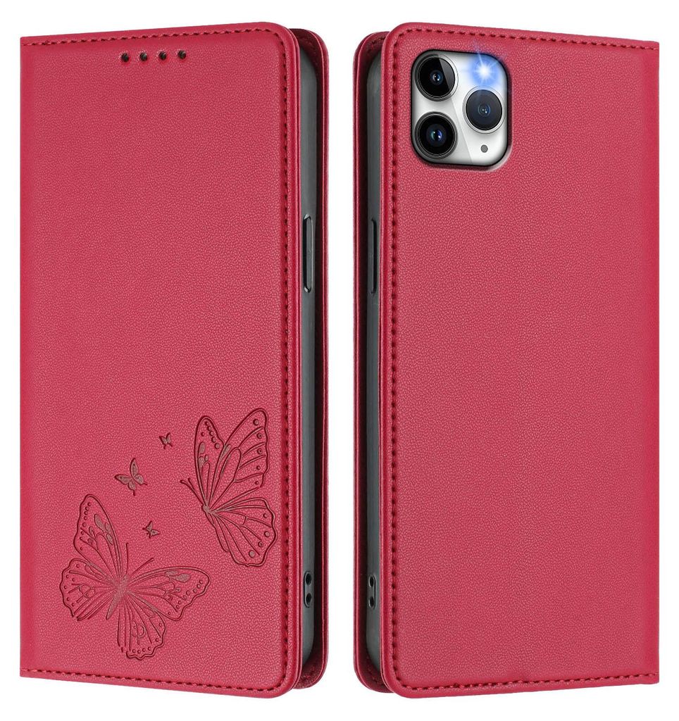 Lederhülle für iPhone 11 Pro Max, Schmetterling Prägung Leder Brieftasche Schutzhülle mit Ständer Rot