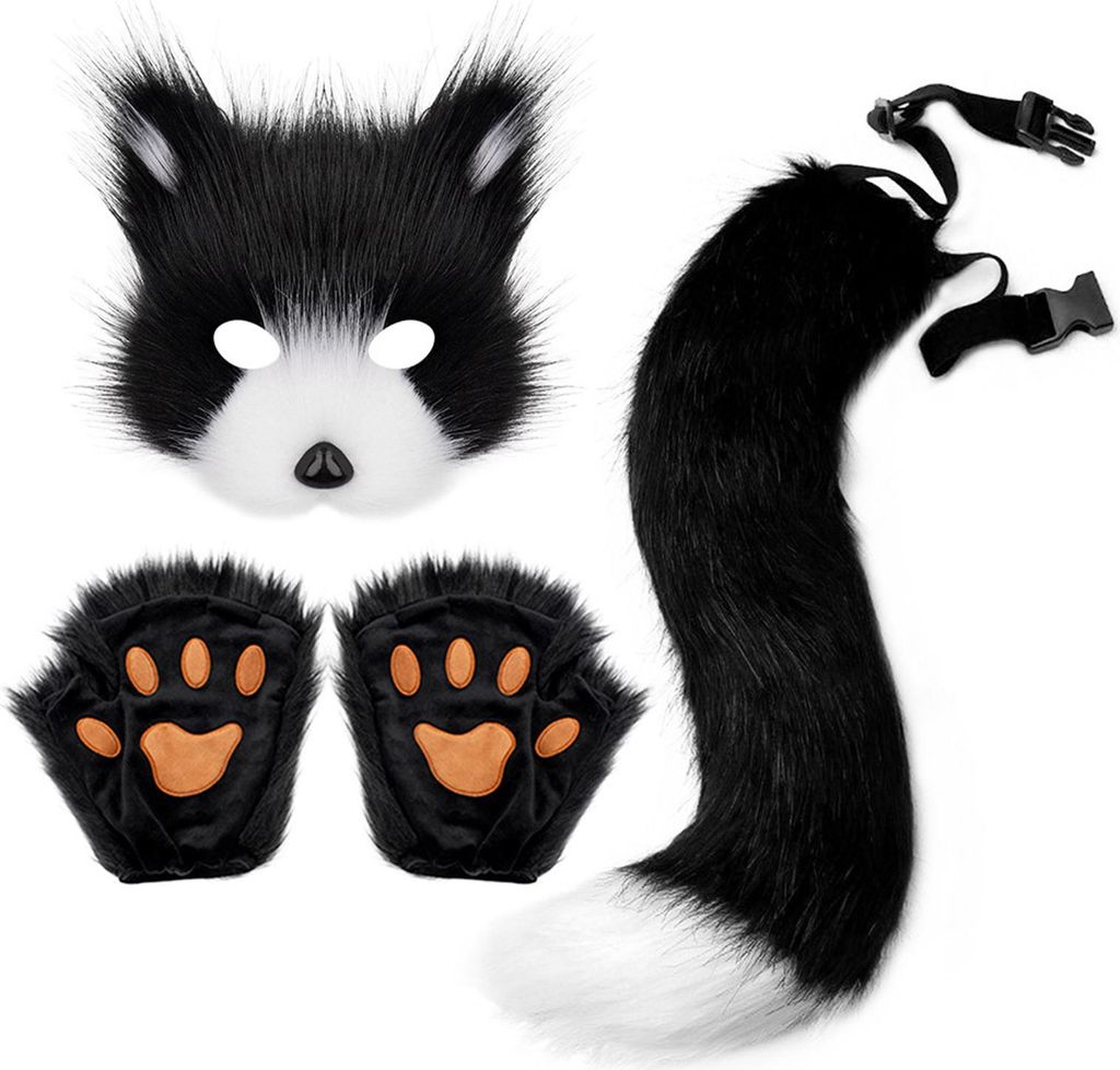 Kunstfell Katze Fuchs Maque Schwanz und Pfotenhandschuhe Set Handarbeit Pelztier Therian Kit Maskerade Halloween Party Cosplay Kostüm Accessoire