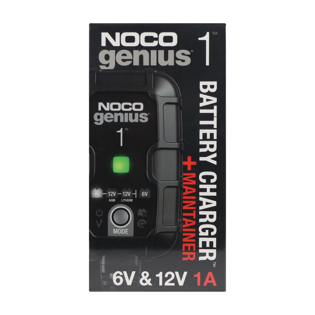 A product shot of a NOCO Genius1 battery charger and maintainer.