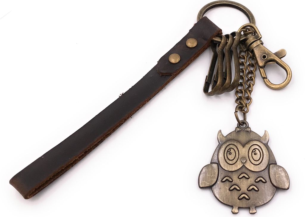 Onwomania Schlüsselanhänger Eule mit großen Augen Vogel bronze Leder Anhänger Keychain