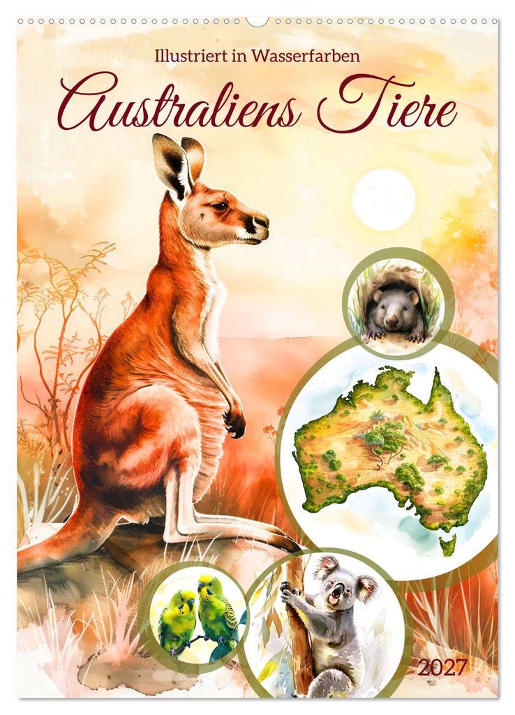 Australiens Tiere - Illustriert in Wasserfarben (Wandkalender 2027 DIN A2 hoch), CALVENDO Monatskalender