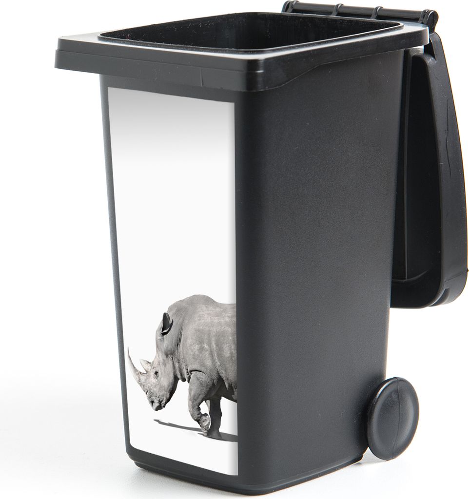 MuchoWow Mülltonnenaufkleber Rhinozeros - Tiere - Weiß 44x98 cm - Containeraufkleber - Aufkleber - Mülltonnen-Aufkleber