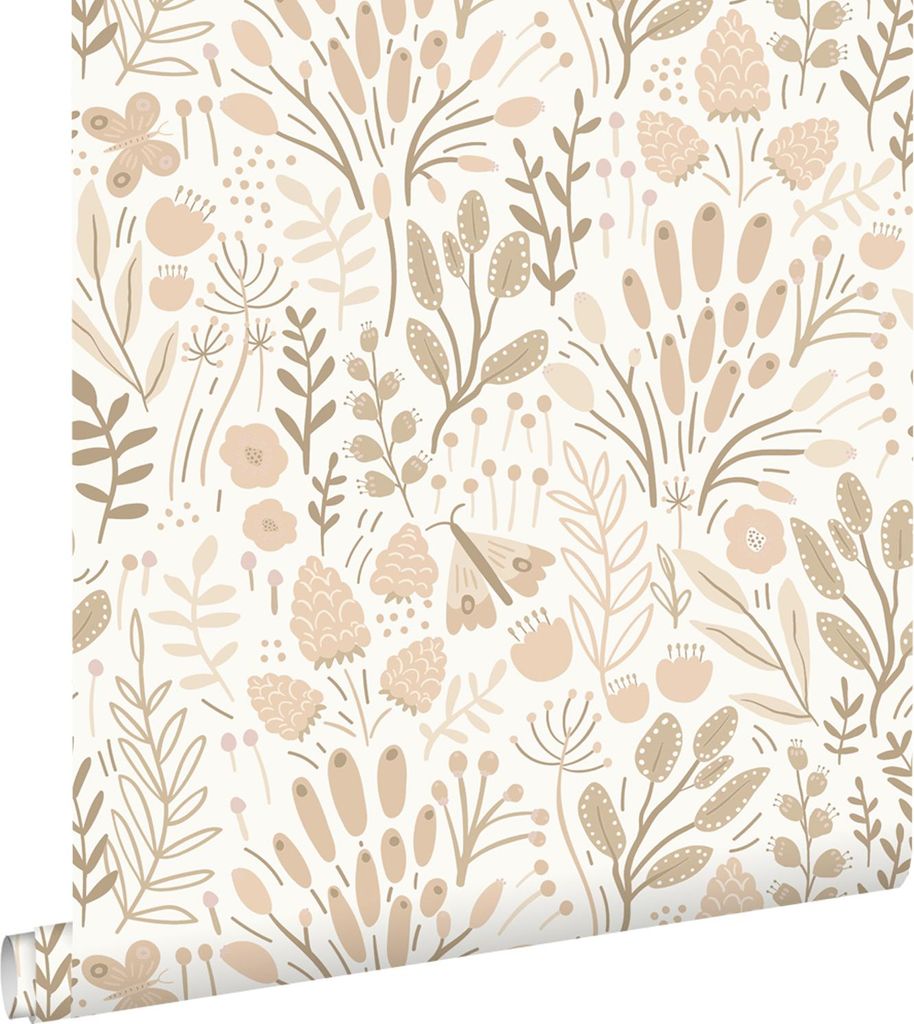 ESTAhome Tapete Blätter und Blumen Weiß und Beige 50 x 900 cm