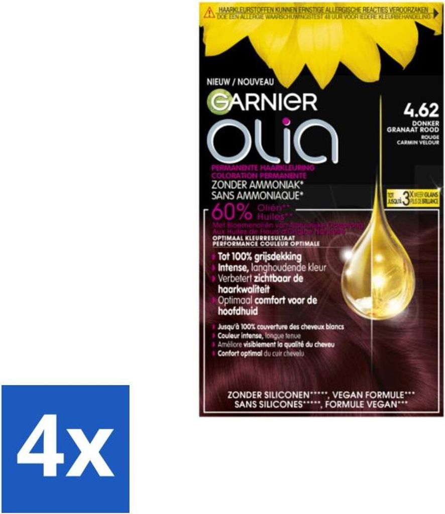 Garnier – Olia 4.62 – Haarfarbe – Dunkles Granatrot – Ammoniakfrei – Permanente Farbe - Vorteilspack - 4 Stücke