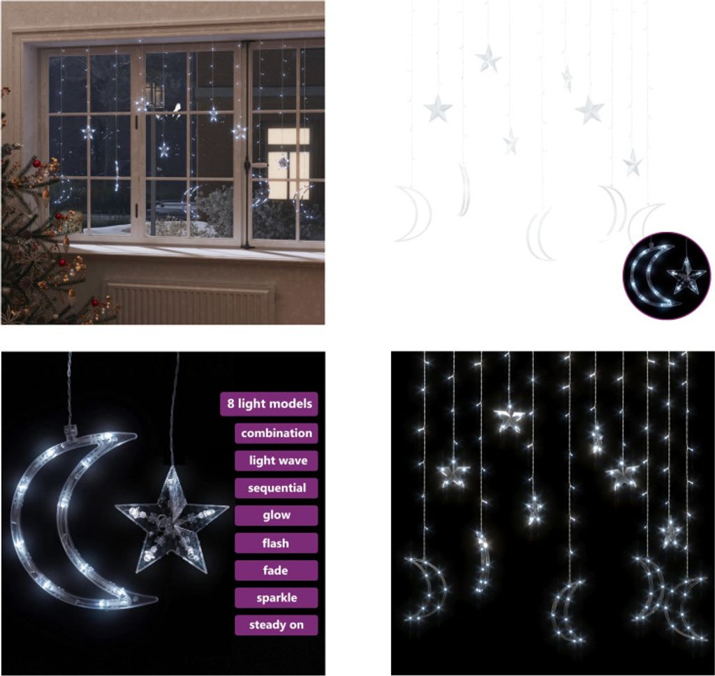 vidaXL Lichterketten Stern und Mond Fernbedienung 138 LEDs Kaltweiß - Lichterkette - Lichterketten - Sternenlicht - Sternenlichter