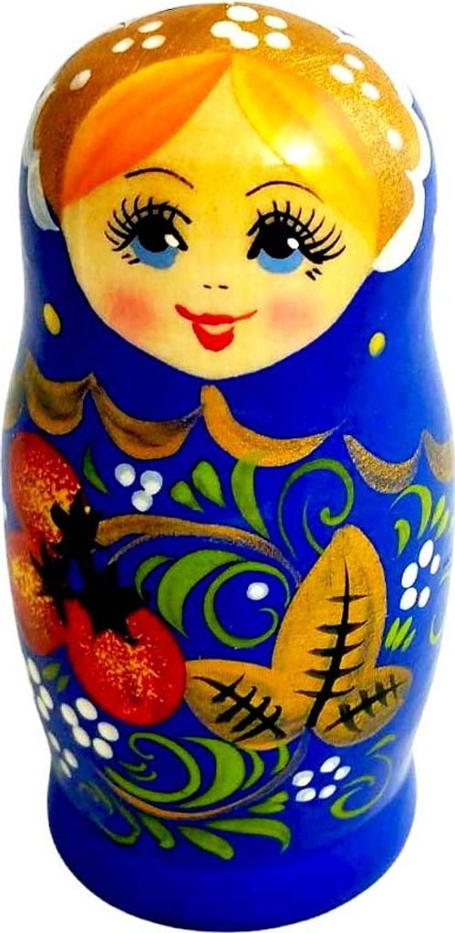 A single Matryoshka doll with a blue body and floral decorations.
