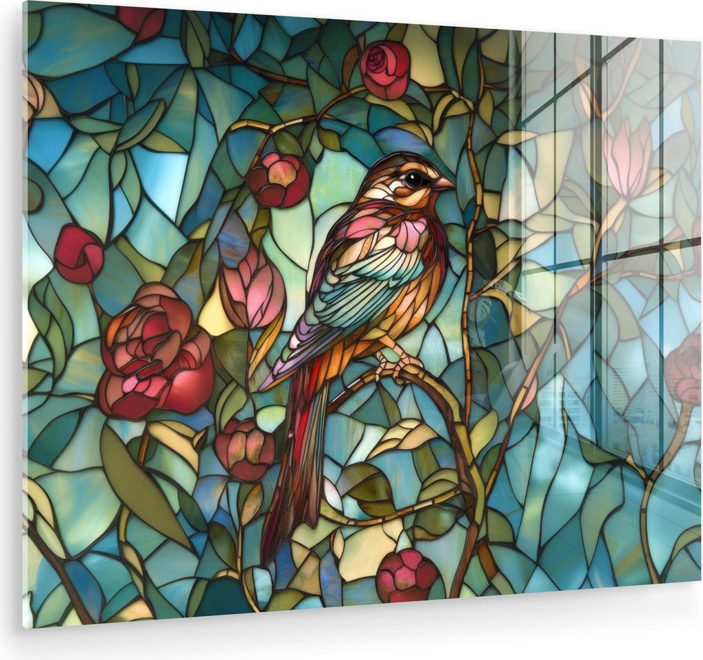 MuchoWow Glasbilder - Bilder auf Wandbild - Foto auf Glas Vogel - Zweig - Rosen - Mosaik 80x60 cm Wanddekoration aus Glas - Acrylglasbild - Acrylbi...