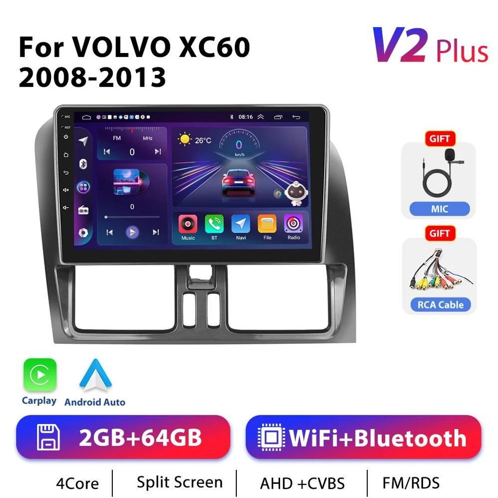 Volvo XC60 2008–2013 - Android 2-DIN Autoradio - 23 cm Touchscreen - CarPlay - 2 GB RAM + 64 GB ROM - GPS RDS - Android 10