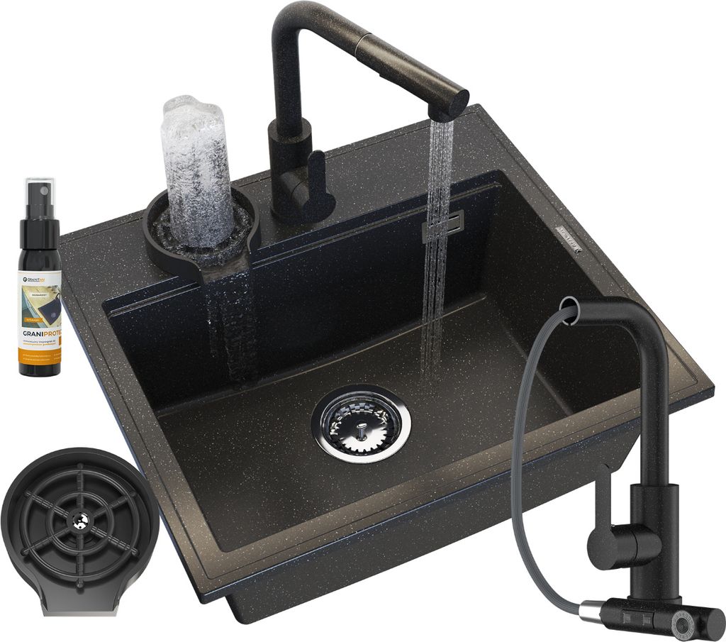 Granitan | Granitspüle FOXAL - Schwarz - Einbau mit Küchenarmatur - Ergonomisches Design