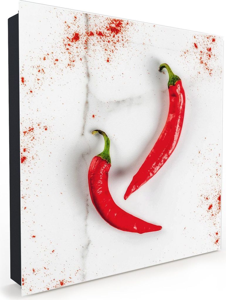 Nachbildung-Schlüsselkasten, Magnetpinnwand und Memoboard mit Glasfront Motiv Chili auf Marmortisch